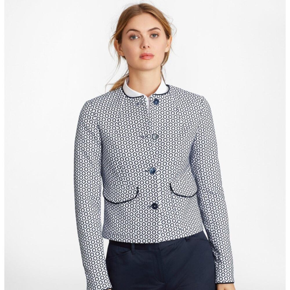 Brooks Brothers Petite Floral Jacquard Cropped Jacket Blazer Blue White SZ 4